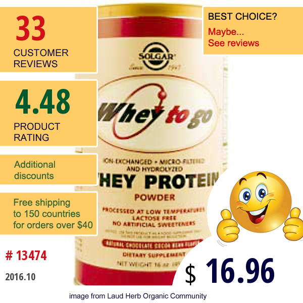 Solgar, Whey To Go, Whey Protein, Natural Chocolate Flavor, 16 Oz (454 G) Powder