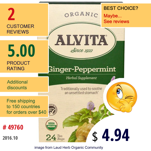 Alvita Teas, Ginger-Peppermint, Organic, Caffeine Free, 24 Tea Bag, 1.69 Oz (48 G)  