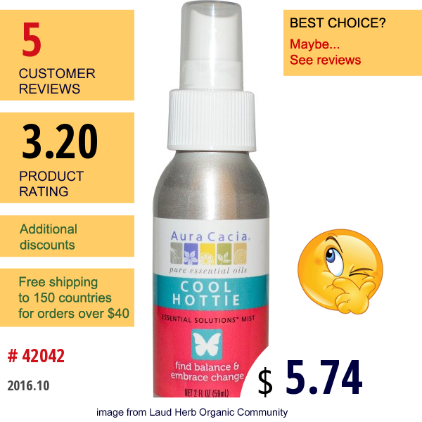 Aura Cacia, Cool Hottie, Essential Solutions Mist, 2 Fl Oz (59 Ml)