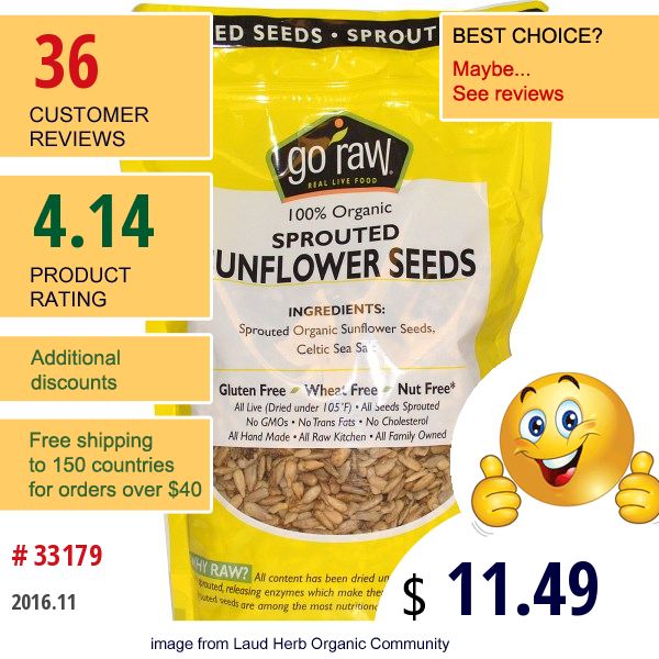Go Raw, Organic Sprouted Sunflower Seeds, 1 Lb (454 G)