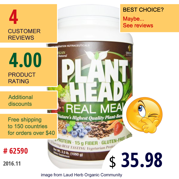 Genceutic Naturals, Plant Head, Real Meal, Chocolate, 2.3 Lb (1050 G)