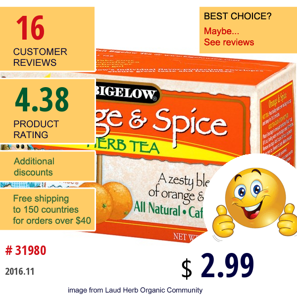 Bigelow, Herb Tea, Orange & Spice, Caffeine Free, 20 Tea Bags, 1.50 Oz (42 G)