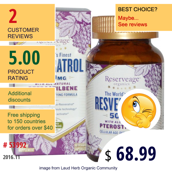 Reserveage Nutrition, Resveratrol With All-Natural Pterostilbene, 500 Mg, 60 Veggie Caps