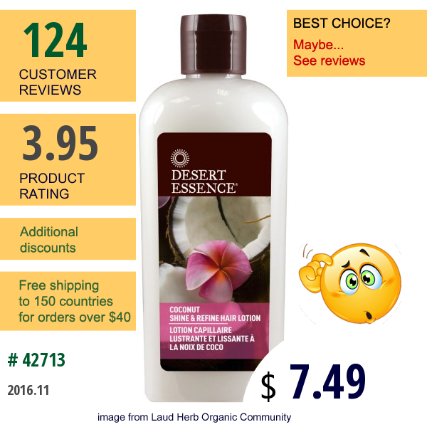 Desert Essence, Coconut Shine & Refine Hair Lotion, 6.4 Fl Oz (190 Ml)