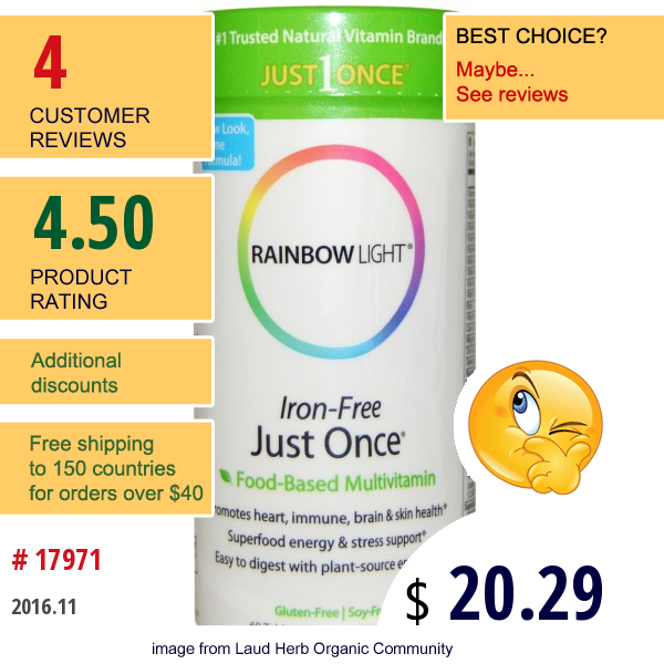 Rainbow Light, Just Once Iron-Free, Food-Based Multivitamin, 60 Tablets