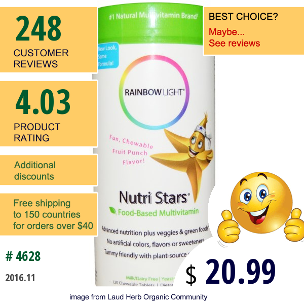 Rainbow Light, Nutri Stars, Food-Based Multivitamin, Fruit Punch Flavor, 120 Chewable Tablets