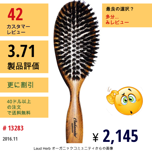 Fuchs Brushes, アンバサダーヘアブラシ、 楕円形、木製、 ブラシ1本