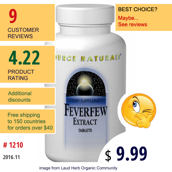 Source Naturals, Feverfew Extract, 100 Tablets