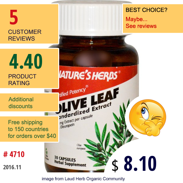 Natures Herbs, Olive Leaf, Standardized Extract, 500 Mg, 30 Capsules  