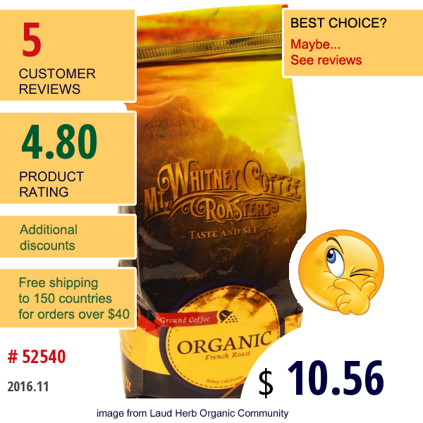 Mt. Whitney Coffee Roasters, Organic Ground Coffee, French Roast, 12 Oz (340 G)