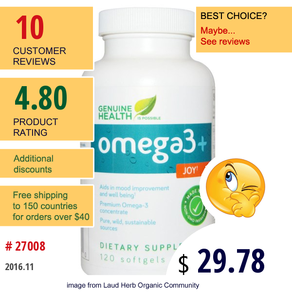 Genuine Health Corporation, Omega3 + Joy, 120 Softgels
