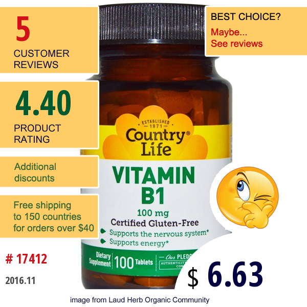 Country Life, Vitamin B1, 100 Mg, 100 Tablets