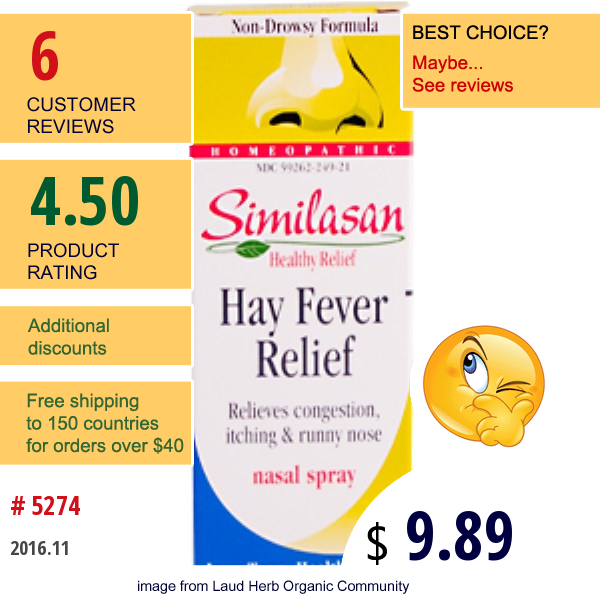 Similasan, Hay Fever Relief, Nasal Spray, 15 Ml (0.50 Fl Oz)  