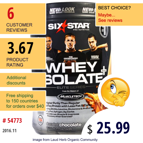 Muscletech, Six Star Pro Nutrition, Whey Isolate+Plus, Elite Series, Decadent Chocolate, 1.47 Lbs (668 G)