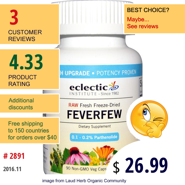 Eclectic Institute, Feverfew, 350 Mg, 90 Non-Gmo Veggie Caps