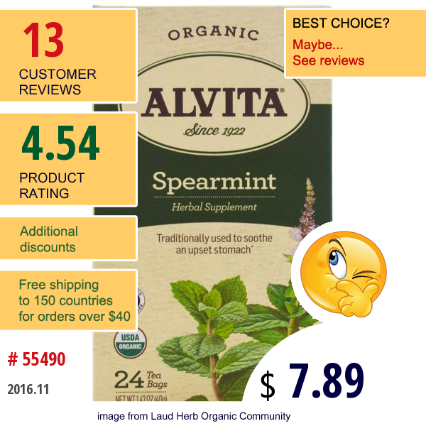 Alvita Teas, Organic, Spearmint Tea, Caffeine Free, 24 Tea Bags, 1.42 Oz (40 G)