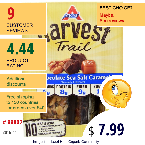 Atkins, Harvest Trail, Dark Chocolate Sea Salt Caramel Bar, 5 Bars, 1.3 Oz (38 G) Each