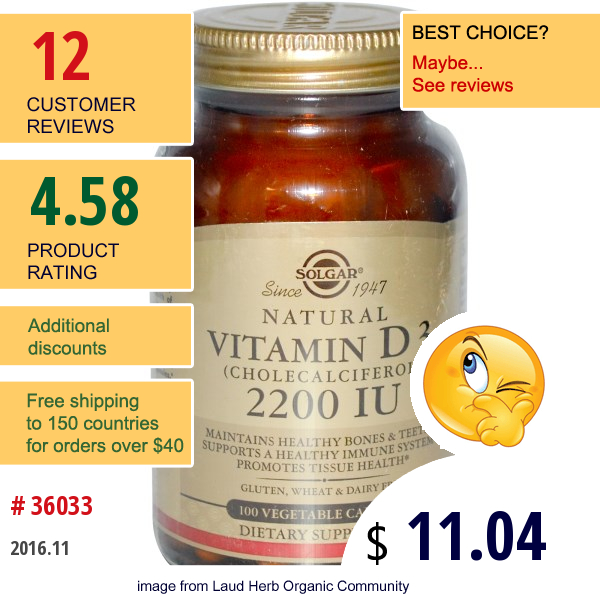 Solgar, Natural Vitamin D3, 2200 Iu, 100 Veggie Caps
