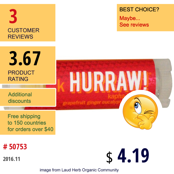 Hurraw! Balm, Kapha Lip Balm, Grapefruit Ginger Eucalyptus, .15 Oz (4.3 G)  