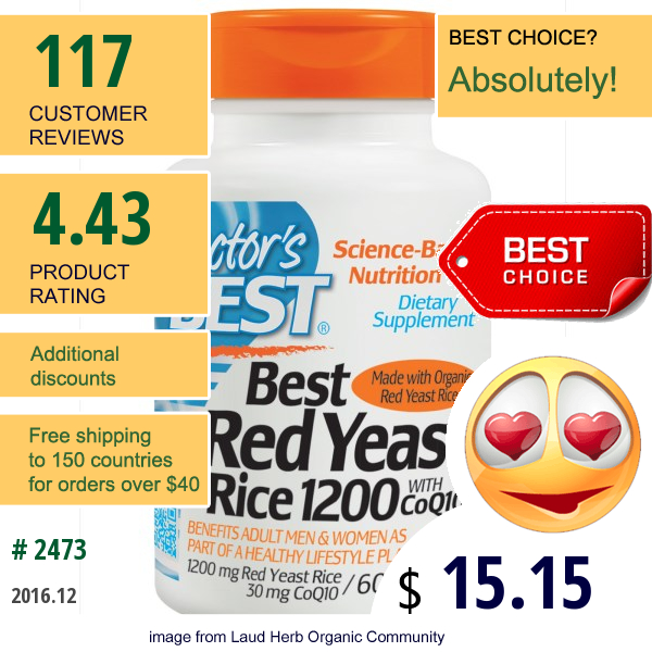 Doctors Best, Best Red Yeast Rice 1200, With Coq10, 1200 Mg/30 Mg, 60 Tablets  