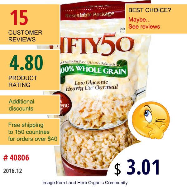 Fifty 50, Low Glycemic Hearty Cut Oatmeal, 100% Whole Grain, 16 Oz (454 G)