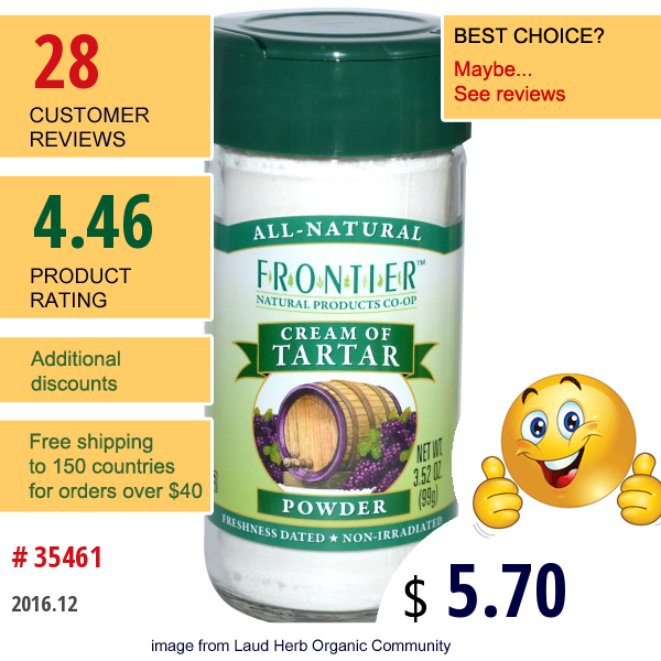 Frontier Natural Products, Cream Of Tartar, Powder, 3.52 Oz (99 G)