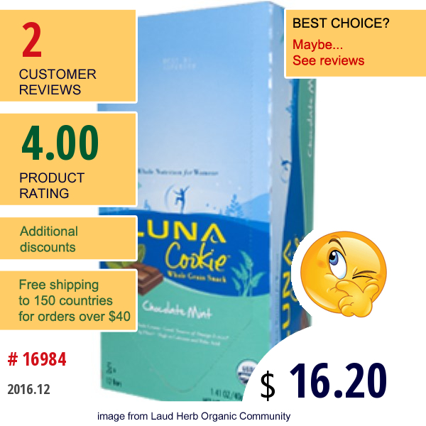 Clif Bar, Luna Cookie, Whole Grain Snack, Chocolate Mint, 12 Cookies, 1.41 Oz (40G) Per Cookie  