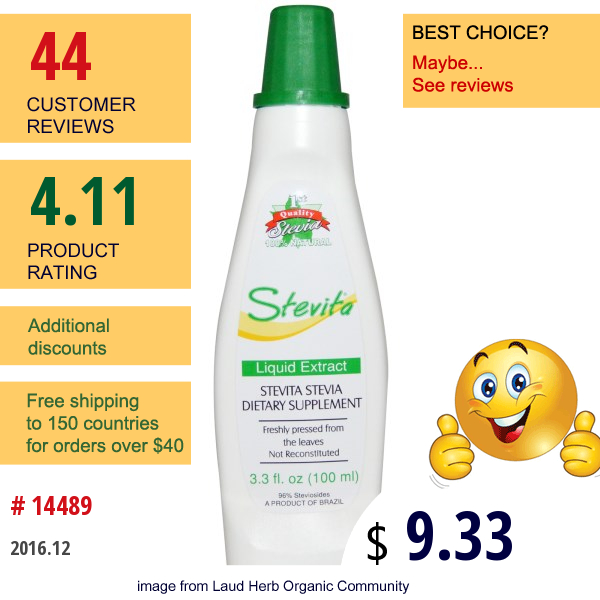 Stevita, Stevia Liquid Extract, 3.3 Fl Oz (100 Ml)