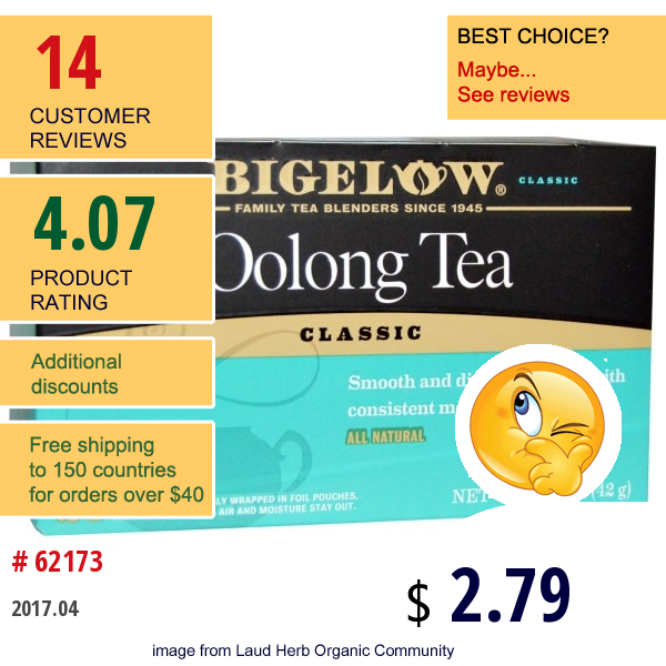 Bigelow, Classic Oolong Tea, 20 Tea Bags, 1.50 Oz (42 G)