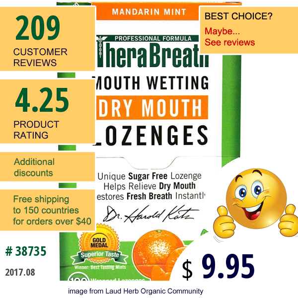 Therabreath, Mouth Wetting Fresh Breath Lozenges, Mandarin Mint, 100 Wrapped Lozenges, 165 G