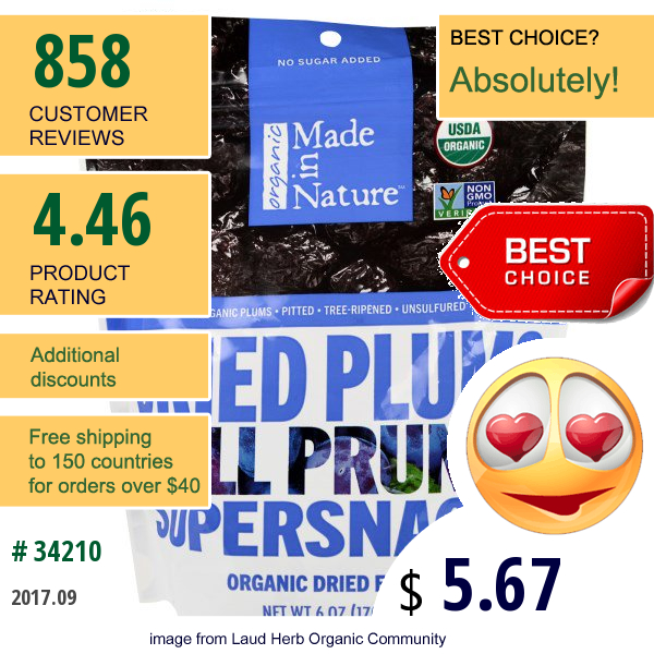 Made In Nature, Organic Dried Plums, Well Pruned Supersnacks, 6 Oz (170 G)