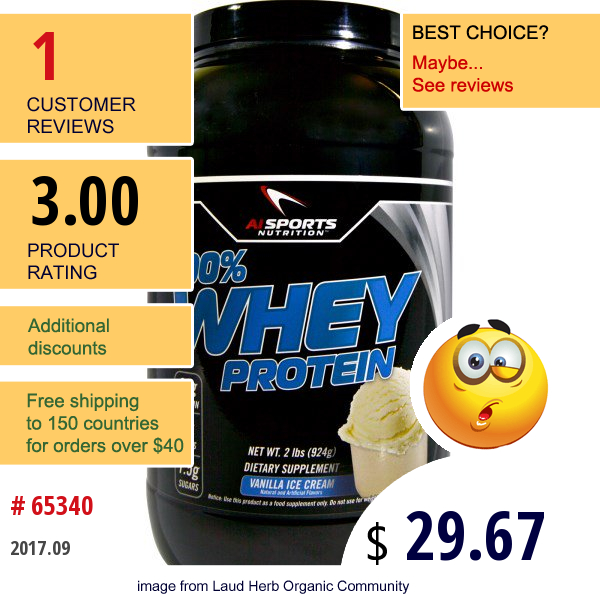 Ai Sports Nutrition, 100% Whey Protein, Vanilla Ice Cream, 2 Lbs (924 G)