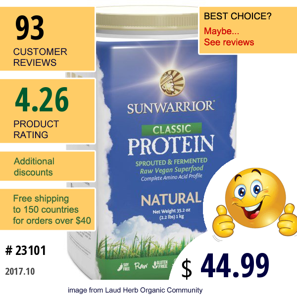 Sunwarrior, Classic Protein, Sprouted & Fermented Raw Vegan Superfood, Natural, 35.2 Oz (2.2 Lbs)  