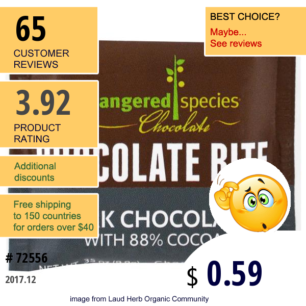 Endangered Species Chocolate, Chocolate Bites, Dark Chocolate, .35 Oz (9.9 G)  