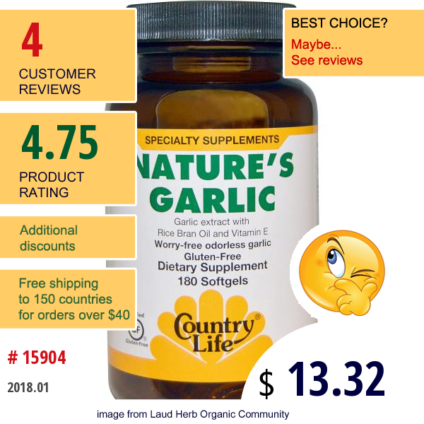 Country Life, Natures Garlic, 180 Softgels