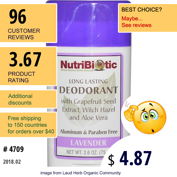 Nutribiotic, Long Lasting Deodorant Stick, Lavender, 2.6 Oz (75 G)