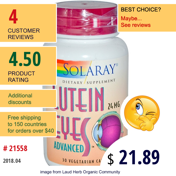 Solaray, Lutein Eyes, Advanced, 24 Mg, 30 Veggie Caps Solaray, Lutein Eyes, Advanced, 24 Mg, 30 Veggie Caps