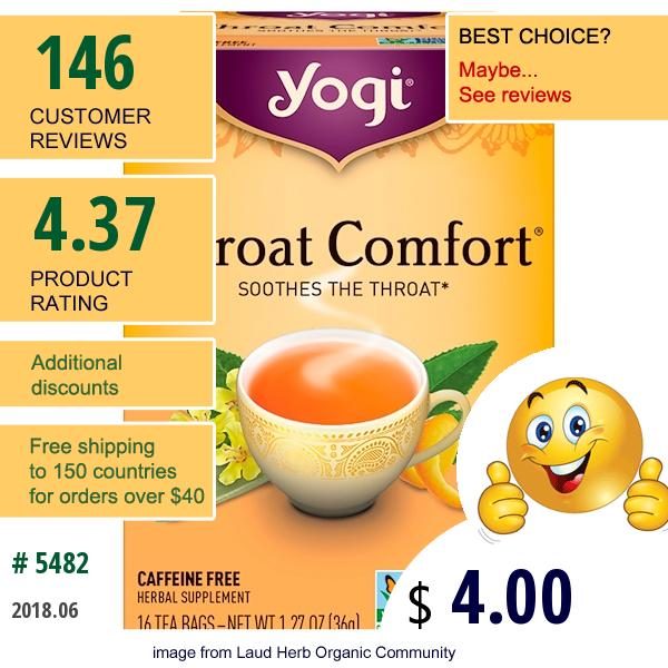 Yogi Tea, Organic, Throat Comfort, Caffeine Free, 16 Tea Bags, 1.27 Oz (36 G)
