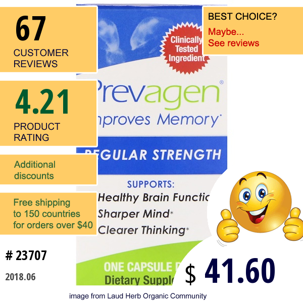 Prevagen (Quincy-Bioscience), Prevagen, Regular Strength, 30 Capsules