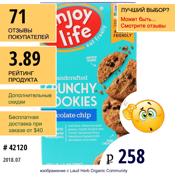 Enjoy Life Foods, Хрустящее Печенье Ручной Работы С Кусочками Шоколада, 6,3 Унции (179 Г) Enjoy Life Foods, Хрустящее Печенье Ручной Работы С Кусочками Шоколада, 6,3 Унции (179 Г)