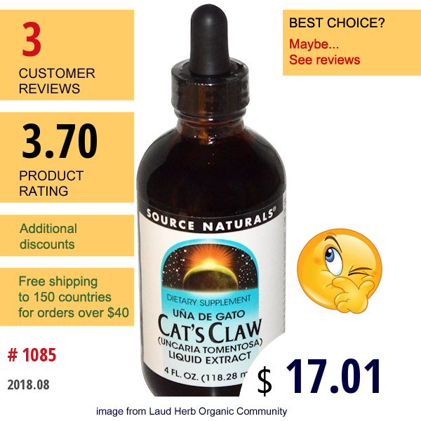 Source Naturals, Cats Claw, Liquid Extract, 4 Fl Oz (118.28 Ml)  