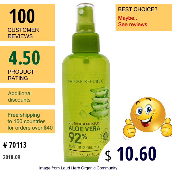 Nature Republic, Aloe Vera Soothing Gel Mist, 5.07 Fl Oz (150 Ml)