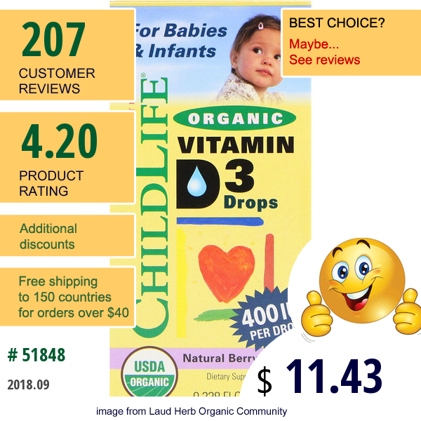 Childlife, Organic Vitamin D3 Drops, Natural Berry Flavor, 400 Iu, 0.338 Fl Oz (10 Ml)