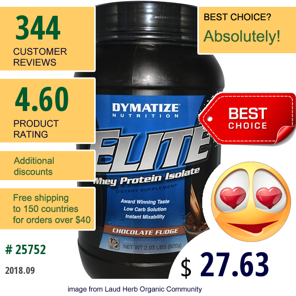 Dymatize Nutrition, Elite, Whey Protein Isolate, Chocolate Fudge, 2.03 Lbs (920 G)  