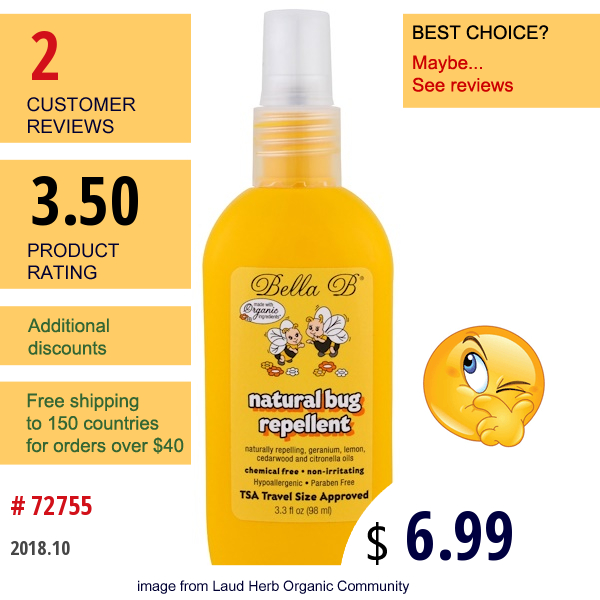Bella B, Natural Bug Repellent, 3.3 Oz (98 Ml)