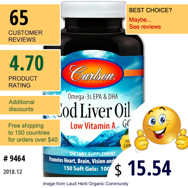 Carlson Labs, Cod Liver Oil Gems, Low Vitamin A, Natural Lemon Flavor, 1,000 Mg, 150 Soft Gels