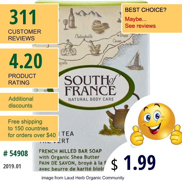 South Of France, Green Tea, French Milled Bar Soap With Organic Shea Butter, 1.5 Oz (42.5 G)  