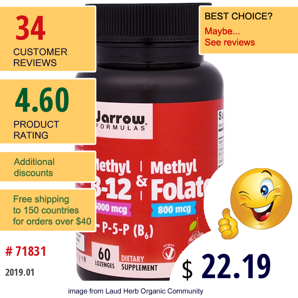 Jarrow Formulas, Methyl B-12 & Methyl Folate, 5000 Mcg/800 Mcg,  Cherry Flavor, 60 Lozenges