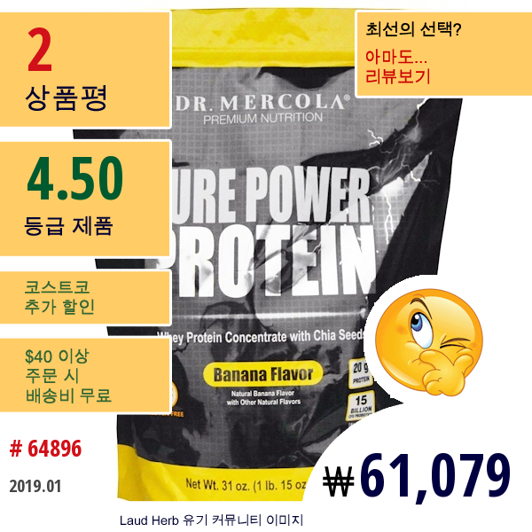 Dr. Mercola, 순수 파워 단백질, 바나나 향, 31 온스 (880G)  