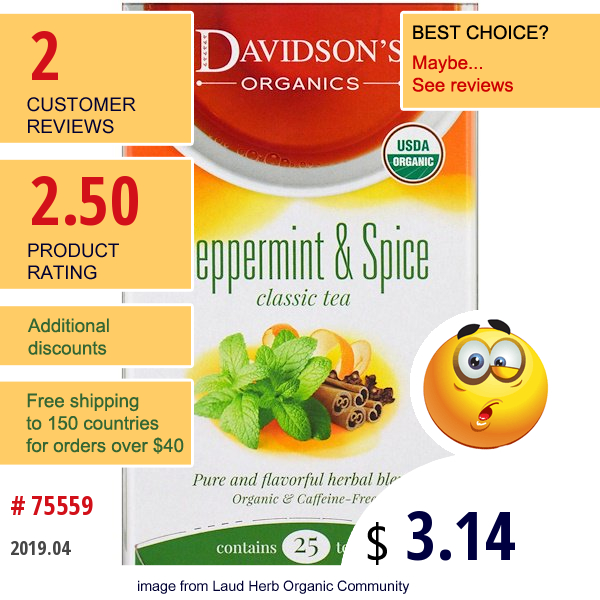 Davidsons Tea, Organic, Peppermint & Spice, Classic Tea, Caffeine-Free , 25 Tea Bags, 1.77 Oz (50 G)